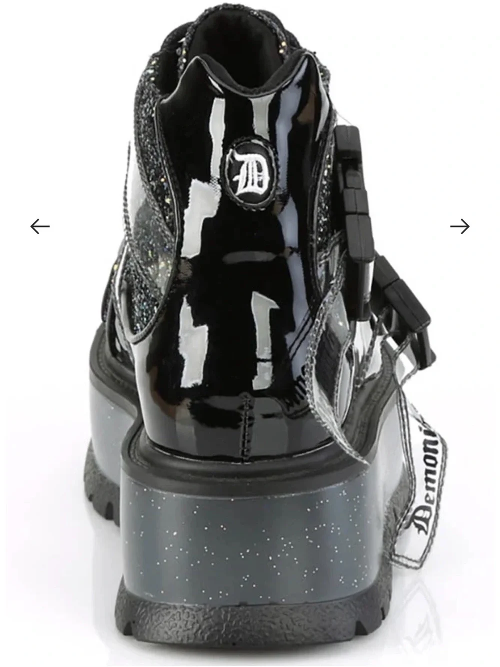 DEMONIA SLACKER-50 BLACK PATENT MULTI GLITTER ANKLE PLATFORM BOOTS